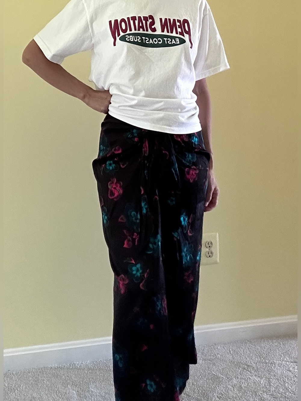 Genni Silk Black Pink Floral Bow Tie Waist Midi Skirt S/M Waist 14”